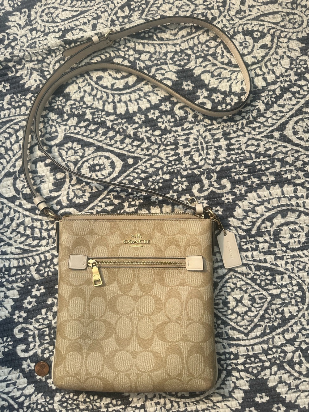 Coach Khaki Signature Canvas Crossbody with Leather Trim